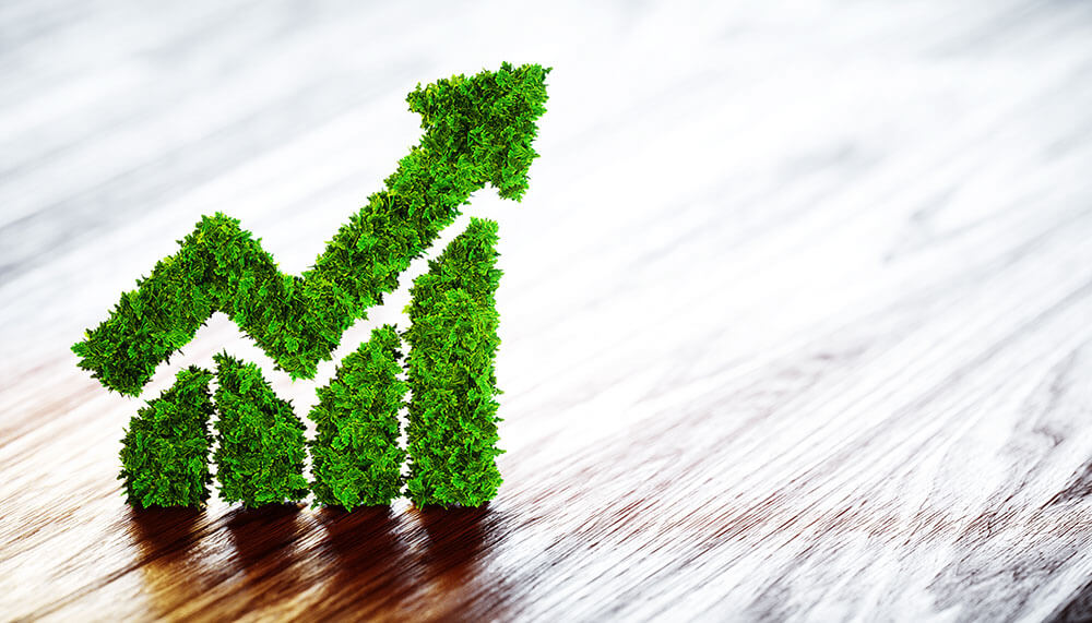 Sustainability - what does it actually mean - green performance with an upward arrow